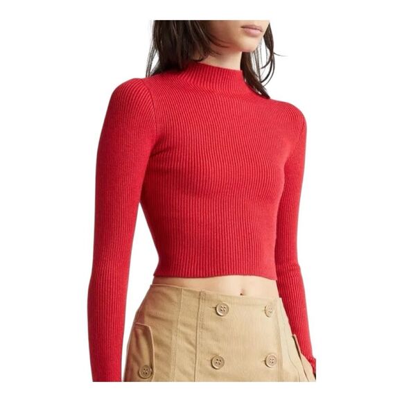 Farm Rio Long Sleeve Rib Crop mock neck sweater top in burgundy size M NWT - Picture 5 of 5